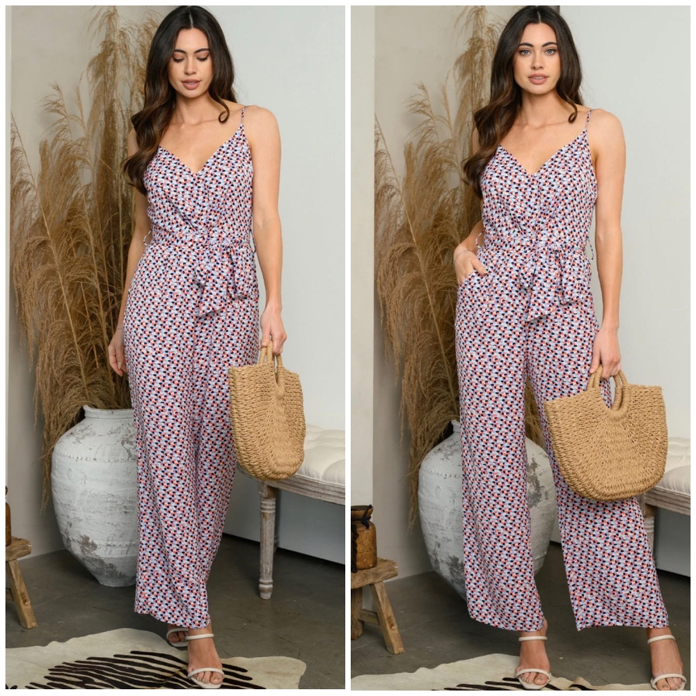 LAST ONE❗AMBITION Boho Chic Overlapping Dots Print Straight Leg Jumpsuit - Picture 5 of 6